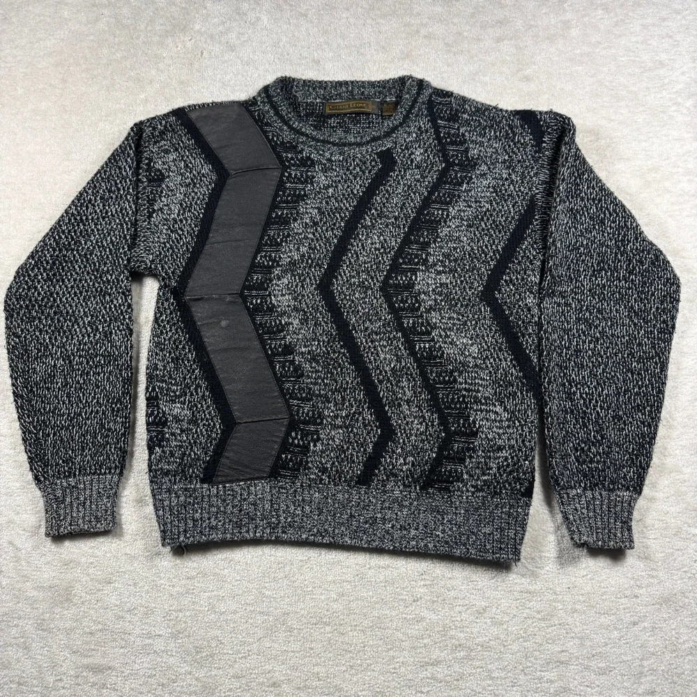Giani Leone Sweater Mens Small Black Leather Patch Chevron Marl Knit Vintage
